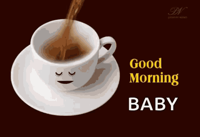 a cup of coffee with a smiling face and the words " good morning baby " below it