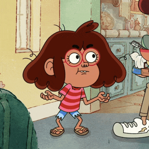 a cartoon of a girl with glasses and a striped shirt