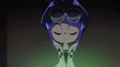 a cartoon character with purple hair and goggles on her head