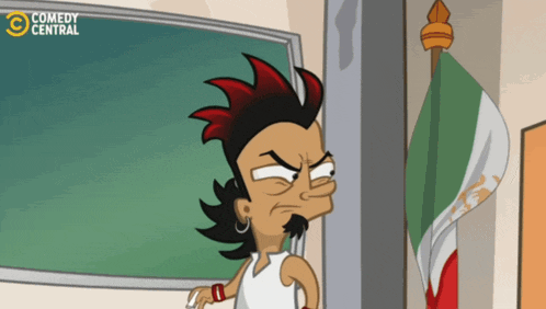 a cartoon character from comedy central is standing in front of a mexican flag