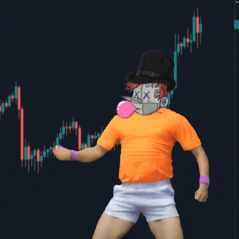a man wearing an orange shirt and white shorts is blowing bubble gum in front of a stock chart