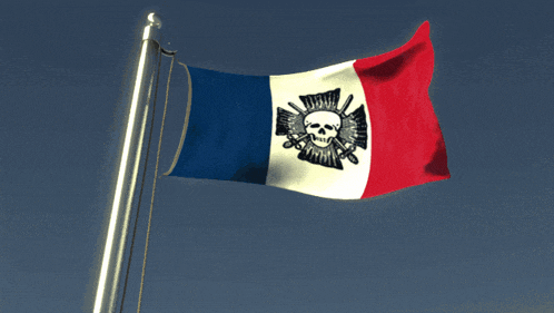 a red white and blue flag with a skull in the middle