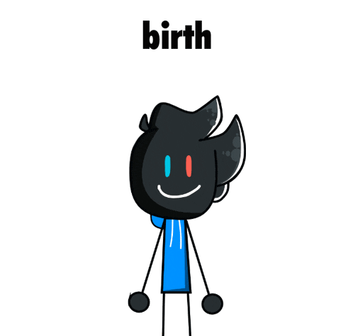 a cartoon drawing of a person with the word birth on the bottom