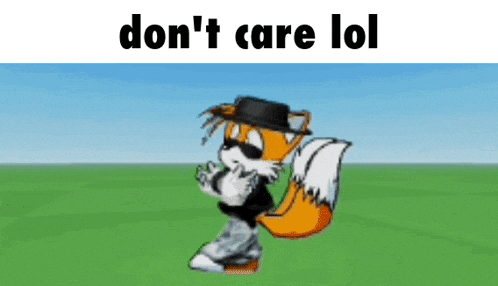 a cartoon fox wearing sunglasses and a hat is dancing in a field with the words `` don 't care lol '' .