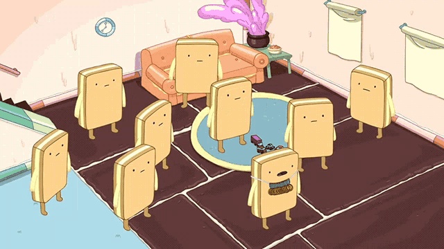a group of sandwiches with faces are standing in a room with a couch