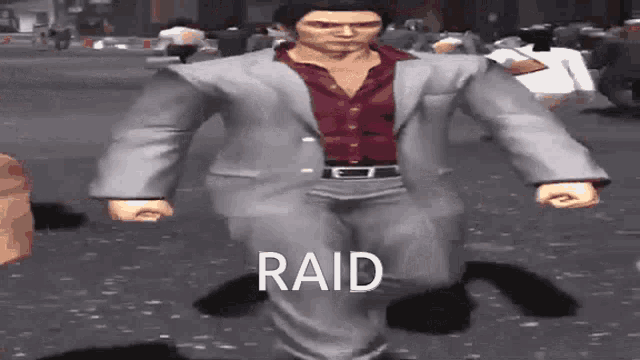 a man in a suit is walking down a street with the word raid written on the bottom .