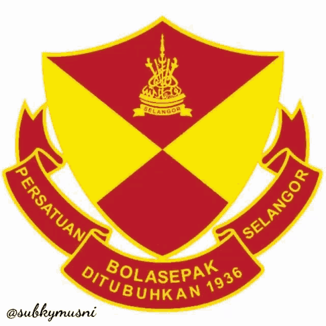 a red and yellow shield with a sword and a crown on it