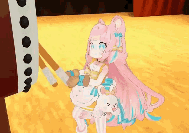a cartoon girl with pink hair is holding two sticks and a stuffed animal .