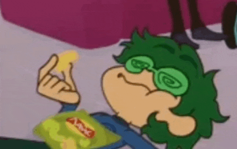 a cartoon character with green hair and glasses is eating a bag of potato chips .