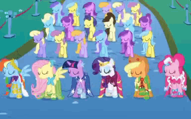 a group of ponies are standing on a blue carpet with their eyes closed