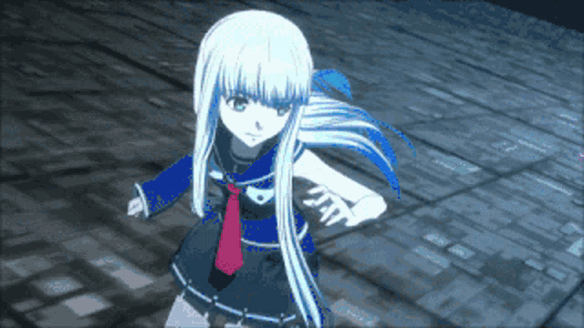 a girl with long white hair and a red tie is dancing