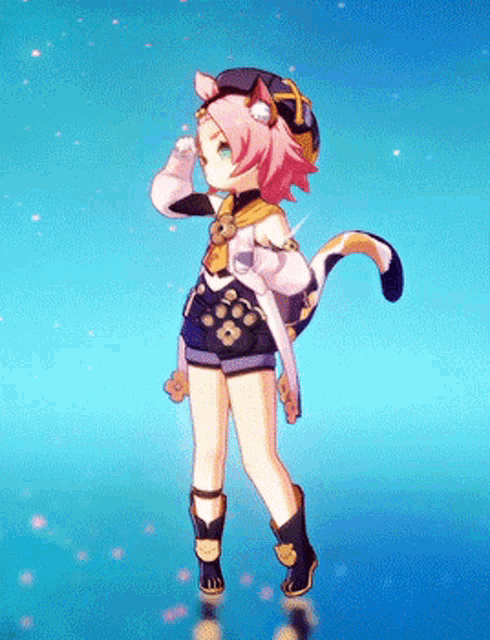 a girl with pink hair and a cat tail is standing in front of a blue background