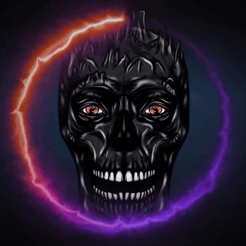 a drawing of a skull with red eyes