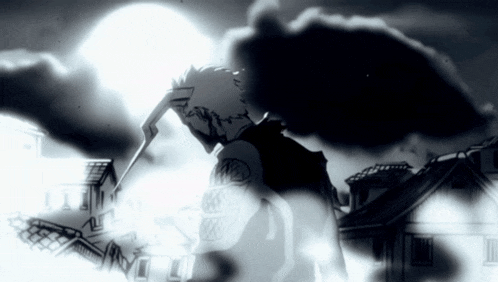 a black and white drawing of a man standing in front of a cloudy sky