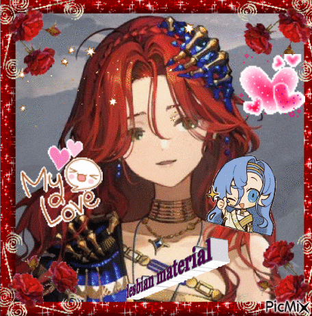 a picture of a girl with red hair and the words " my love lesbian material " on the bottom