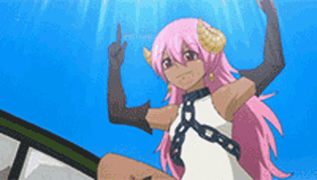 a girl with pink hair and horns is giving a middle finger