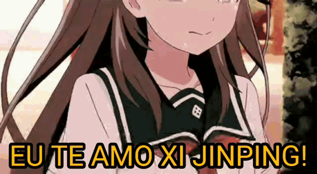 a girl in a school uniform is crying and saying eu te amo xi jinping .