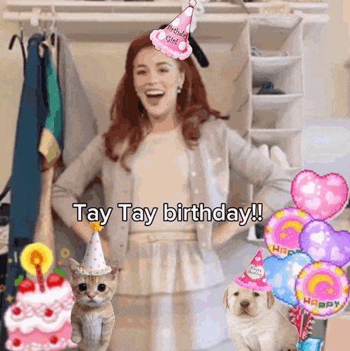 a woman wearing a birthday girl hat is standing next to a cat and a dog