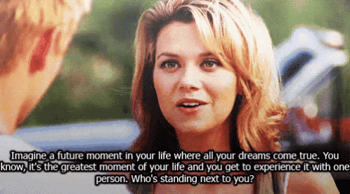 a woman talking to a man with a quote that says " imagine a future moment in your life where all your dreams come true