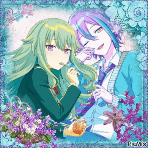 a picture of a girl with green hair and a boy with purple hair surrounded by purple flowers and picmix