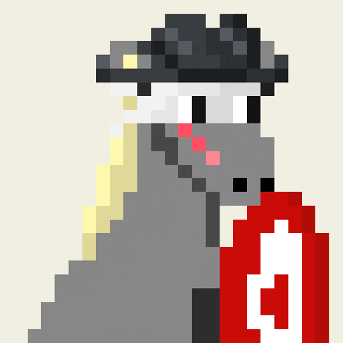 a pixel art of a man wearing a hat and holding a red shield
