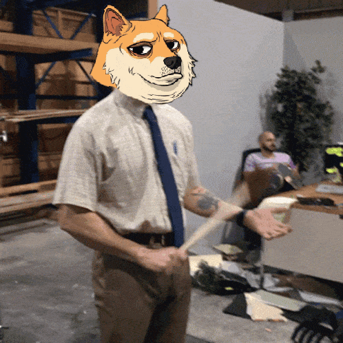 a man wearing a doge mask is holding a hammer