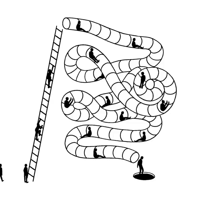 a black and white drawing of a water slide with people going down it