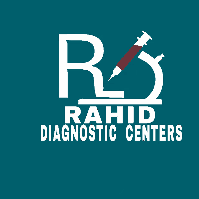a logo for rahid diagnostic centers with a syringe and microscope on a blue background