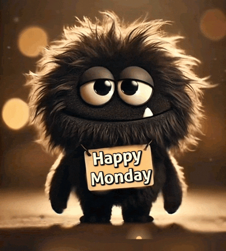 a stuffed animal with a sign that says happy monday