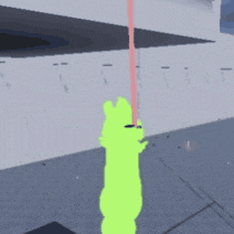 a computer generated image of a person holding a green object with a red light coming out of it .