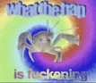 a crab is riding a unicorn on a rainbow background .