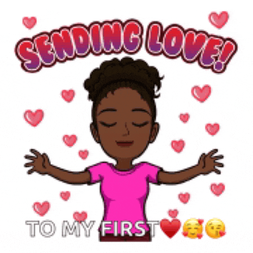 a cartoon girl in a pink shirt is sending love to her first love .