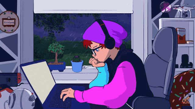 a cartoon drawing of a person using a laptop with a sign on the window that says ' roseland '