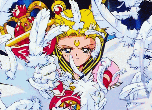 a cartoon character is surrounded by white feathers and has a crown on her head .