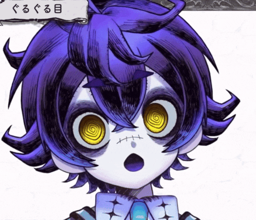 a cartoon drawing of a boy with purple hair and yellow eyes