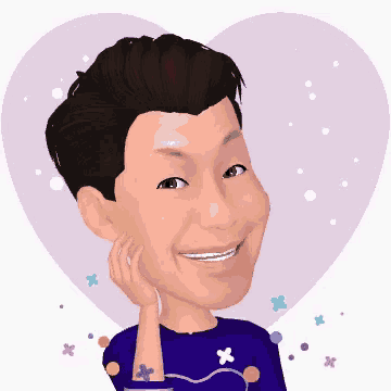 a cartoon of a man in a purple shirt standing in front of a heart