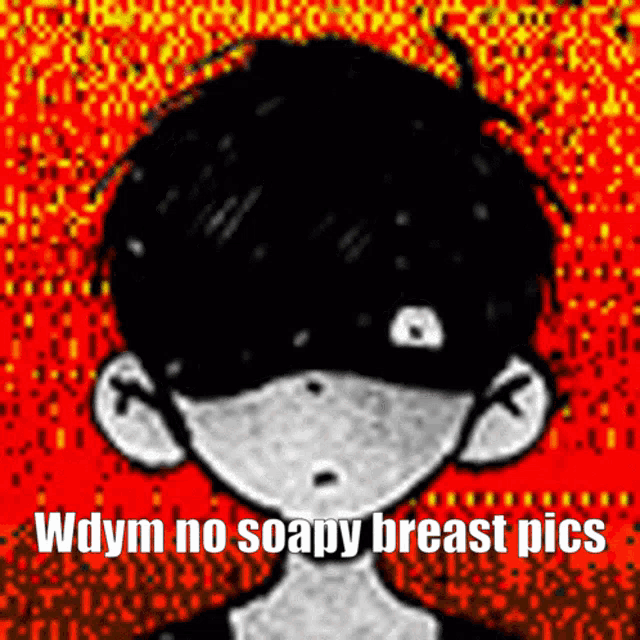 a black and white drawing of a boy with the words wdym no soapy breast pics below it