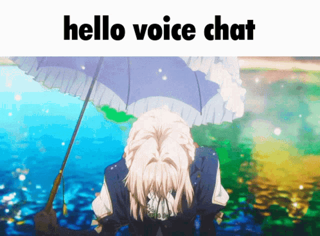 a picture of a girl holding an umbrella with the words hello voice chat below her