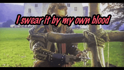 a man holding a sword with the words i swear it by my own blood behind him