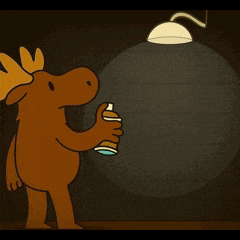 a moose holding a spray can in front of a sign that says 124th aka benzi