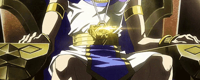 a cartoon of a man sitting on a throne with a gold necklace around his neck