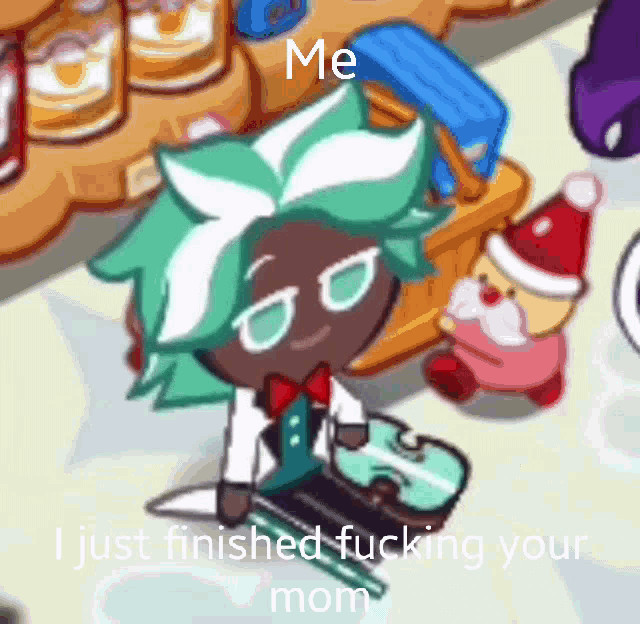 a cartoon character with green hair and white stripes is sitting on a table and says `` me i just finished fucking your mom ''
