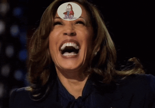 a woman is laughing with a sticker on her head that says ' no '