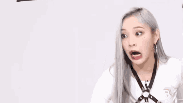 a woman with gray hair is wearing a white shirt and a leather harness .