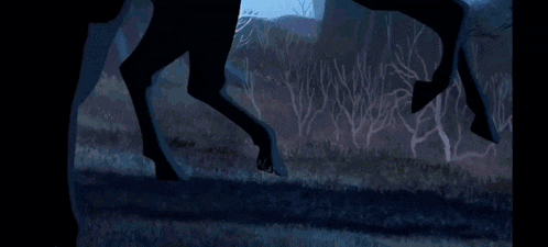 a painting of a man standing next to two horses in a dark forest