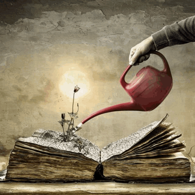 a person is watering a flower from a red watering can on top of an open book