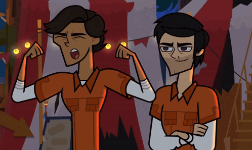 two cartoon characters are flexing their muscles in front of a circus tent