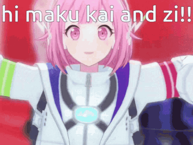 a pink haired anime girl with the words hi maku kai and zil on the bottom