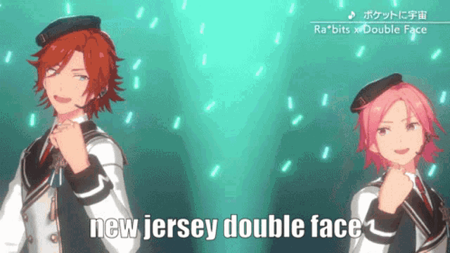 a couple of anime characters with the words new jersey double face