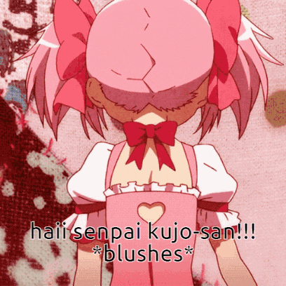 a picture of a girl with the words haii senpai kujo-san * blushes * on the bottom